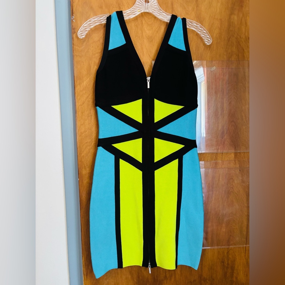 BEBE Colorblock Mini Dress - Black, Blue, Yellow - Picture 2 of 3